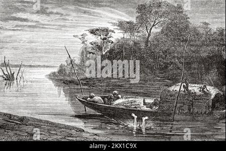 Mann, der von einem Boot stürzt, Amazonas, Brasilien, Südamerika. Die Reise des französischen Malers Francois Auguste Biard in Brasilien 1858-1859 Stockfoto