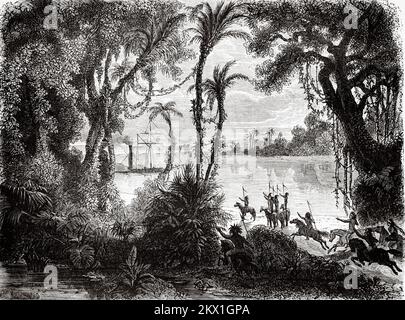 Indianer der Gran Chaco sehen ein Dampfschiff auf dem Fluss, Südamerika. Reise in Paraguay 1844-1847 von Alfred Demersay Stockfoto