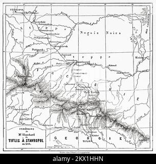 Karte von Blanchards Route von Tiflis nach Stavropol 1858. Reise von Tiflis in Stavropol zur Dariali-Schlucht, 1858 m von Blanchard Stockfoto