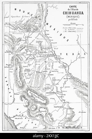 Alte Karte des Staates Chihuahua, Mexiko. Reise in den Staat Chihuahua mit Philippe Ronde 1849-1852 Stockfoto