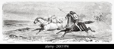 Auguste Guinnard Gefangener der Eingeborenen in Patagonien, gefesselt zu einem Pferd. Argentinien, Südamerika. Drei Jahre Gefangenschaft unter den Patagoniern von Auguste Guinnard 1856 Stockfoto