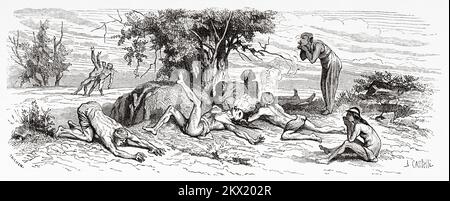 Patagonische Eingeborene unter Alkoholkonsum und Tabakkonsum. Argentinien, Südamerika. Drei Jahre Gefangenschaft unter den Patagoniern von Auguste Guinnard 1856 Stockfoto