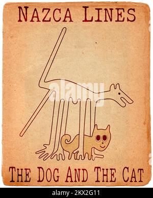 Der Hund und die Katze - eine Paraphrase der berühmten Geoglyphen aus Nazca, den Nazca-Linien, der Nazca-Wüste, Peru Stockfoto