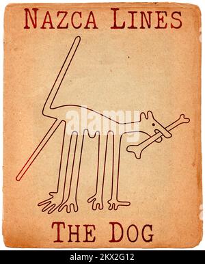 Der Hund mit Knochen auf dem alten Papier - eine Paraphrase der berühmten Geoglyphe der Hund aus Nazca, die Nazca-Linien, die Nazca-Wüste, Peru Stockfoto