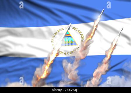 Modernes strategisches Raketenkonzept auf Flaggengewebe Hintergrund, Nicaragua ballistischer Sprengkopfangriff - militärisches industrielles 3D-Bild, mit Atombombe Stockfoto