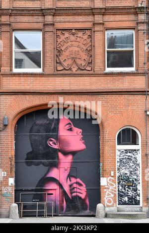 Street Art bemalte Frau am Eingang der Commercial Street Shoreditch London Stockfoto