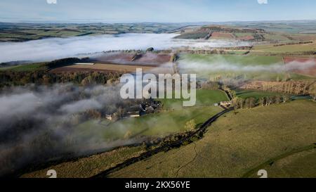 Luftaufnahme der Wolkeninvertierung von oben Scott's View mit Blick auf Halidean Mill und Black Hill und Earlston dahinter. Stockfoto