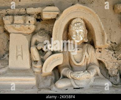 Jaulian Kloster, Taxila, Punjab, Pakistan. Taxila ist eine alte archäologische Stätte, die von der UNESCO anerkannt wurde. Buddhistische Schnitzereien im Jaulian Kloster. Stockfoto