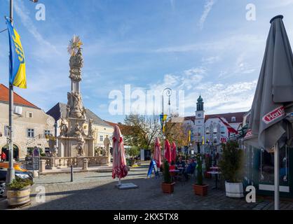 Neunkirchen: Hauptplatz, Trinity-Säule, Rathaus in Wiener Alpen, Alpen, Niederösterreich, Niederösterreich, Österreich Stockfoto