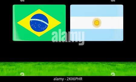 Nationalflaggen Brasiliens und Argentiniens als glänzende Karten, die über einem grünen Feld schweben. 3D-Rendern. Stockfoto