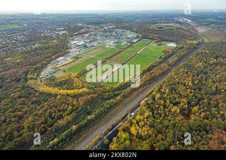 Luftaufnahme, Bayer AG, Chemiewerk, Herbstwald, Bergkam, Ruhrgebiet, Nordrhein-Westfalen, Deutschland, bunte Bäume, Bäume in Herbstfarben, Deutschland, Stockfoto