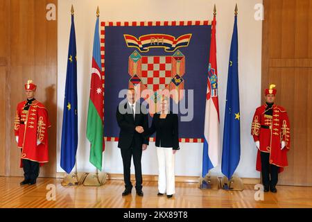 06.09.2018., Zagreb, Kroatien - Präsident der Republik Aserbaidschan Ilham Alijew traf mit dem Präsidenten Kroatiens Kolinda Grabar-Kitarovic Foto: Borna Filic/PIXSELL zusammen Stockfoto