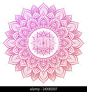 Rundes Farbverlauf blumige Mandala-Kunst auf weißem isoliertem Hintergrund. Vektor-Boho-Mandala in Grün und Pink. Mandala mit Blumenmustern. Yoga Stockfoto