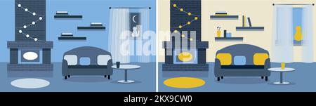 Kollektion von Innenräumen. Wohnzimmer mit Möbeln, Tag und Nacht. Gemütliche Einrichtung mit Sofa und Kamin. Flache Vektordarstellung. Stock Vektor