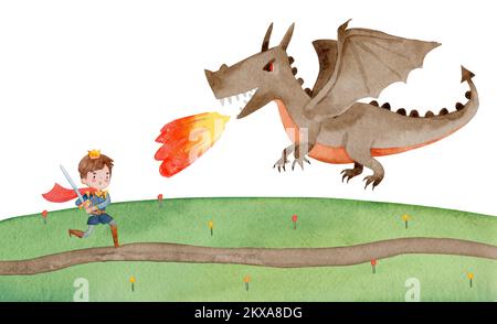 Aquarell-Darstellung eines Ritters, der gegen einen großen, gruseligen Drachen kämpft. Süßer kleiner Prinz, der gegen den Drachen kämpft. Grünes Märchen-Tal im Hintergrund Stockfoto