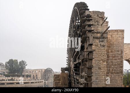 Riesige hölzerne Wasserräder aka Norias am Fluss Orontes, Hama, Syrien Stockfoto