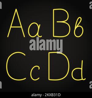 Leuchtende Neonbuchstaben A, B, C und D. leuchtende Buchstaben. Vektordarstellung. Stock Vektor