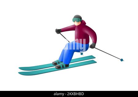 Ein Mann, der 3D Ski fährt, hat eine gerundete Form, Cartoon-Stil, eine Skirutsche, isoliert Stock Vektor