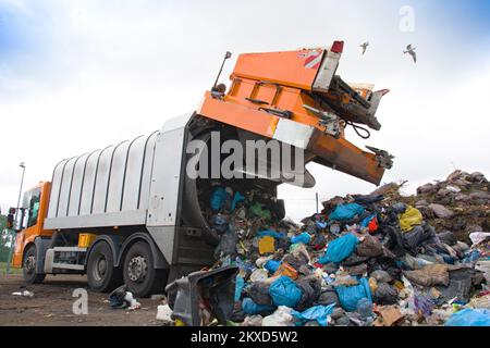 Deponie verschmutzt die Umwelt. Müllwagen. Vögel fliegen über Deponien Stockfoto