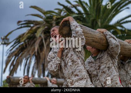 San Diego, Usa. 28.. November 2022. USA Marines rekrutieren bei Bravo Company, 1. Recruit Training Battalion, reagieren auf den 250-Pfund-Log während Übungen im Marine Corps Recruit Depot San Diego, 28. November 2022 in San Diego, Kalifornien. Kredit: CPL. Grace Kindred/USA Marines/Alamy Live News Stockfoto