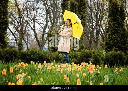Glückliche Seniorin in gelbem Regenmantel mit gelbem Regenschirm, die im Park spaziert. Fröhliche, reife, ältere, pensionierte lateinamerikanische Frau, die ihr Leben genießt Stockfoto