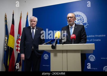 23.01.2020. Zagreb, Kroatien - Innenminister Kroatiens und Stellvertretender Ministerpräsident Kroatiens Davor Bozinovic hielt ein bilaterales Treffen mit Horst Seehofer, Bundesminister für Inneres, Gebäude und Gemeinschaftsfoto Davor Puklavec/PIXSELL, ab Stockfoto