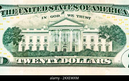 Nahaufnahme der Rückseite eines 20-Dollar-Scheins. Stockfoto
