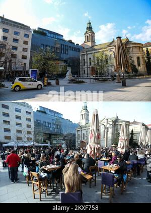 04.04.2020., Zagreb, Kroatien - Combo-Foto zeigt Menschen auf dem Petar Preradovic-Platz in Zagreb, Kroatien am 15. Februar 2014 (unten) und leerer Platz desselben Ortes während der COVID-19-Pandemie am 3. April 2020. Foto: Sanjin Strukic, Josip Regovic Stockfoto