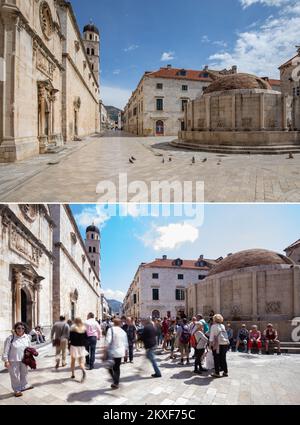 04.04.2020., Dubrovnik, Kroatien - Combo-Fotografien zeigen, dass Touristen den großen Onofrio-Brunnen und das Franziskanerkloster in Dubrovnik, Kroatien, am 17. April 2019 (unten) und eine leere Straße desselben Ortes während der COVID-19-Pandemie am 1. April 2020 besuchen. Foto. Grgo Jelavic/PIXSELL Stockfoto