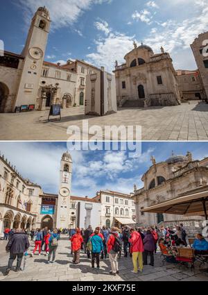 04.04.2020., Dubrovnik, Kroatien - Kombi-Foto zeigt Menschen vor der Kirche St. Blaise in Dubrovnik, Kroatien, am 30. April 2019 (unten) und leere Straße am selben Ort während der COVID-19-Pandemie am 1. April 2020. Foto. Grgo Jelavic/PIXSELL Stockfoto