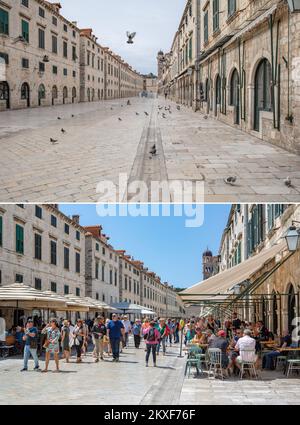 04.04.2020., Dubrovnik, Kroatien - Combo-Foto zeigt Menschen einen Spaziergang auf der Stradun-Straße, der Hauptstraße in Dubrovnik Altstadt, Kroatien am 16. Mai 2019 (unten) und leere Straße desselben Ortes während der COVID-19-Pandemie am 1. April 2020. Foto. Grgo Jelavic/PIXSELL Stockfoto