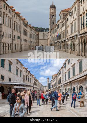 04.04.2020., Dubrovnik, Kroatien - Combo-Foto zeigt Menschen einen Spaziergang auf der Stradun-Straße, der Hauptstraße in Dubrovnik Altstadt, Kroatien am 29. April 2019 (unten) und leere Straße desselben Ortes während der COVID-19-Pandemie am 28. März. Foto. Grgo Jelavic/PIXSELL Stockfoto