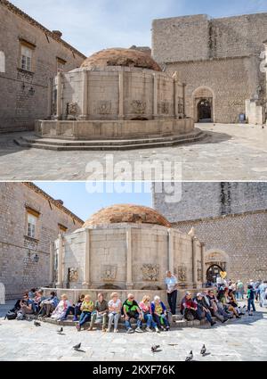 04.04.2020., Dubrovnik, Kroatien - Combo-Foto zeigt Touristen, die den großen Onofrio-Brunnen in Dubrovnik, Kroatien, am 16. April 2019 (unten) und die leere Straße desselben Ortes während der COVID-19-Pandemie am 1. April 2020 besuchen. Foto. Grgo Jelavic/PIXSELL Stockfoto