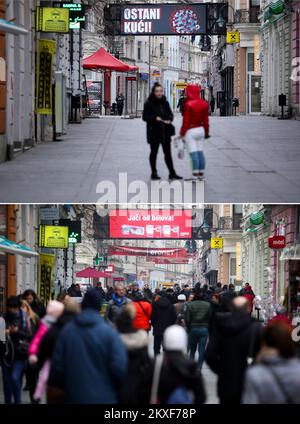 04.04.2020., Sarajevo, Bosnien und Herzegowina - Combo-Foto zeigt Menschen in der Ferhadija-Straße in Sarajevo, Bosnien und Herzegowina am 27. Dezember 2019 (unten) und leere Straße desselben Ortes während der COVID-19-Pandemie am 30. März 2020. Foto: Armin Durgut/PIXSELL Stockfoto