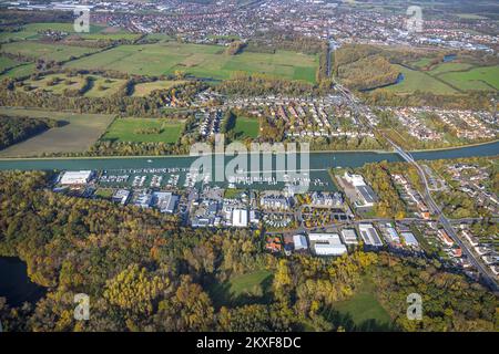 Luftaufnahme, Marina Rünthe Yachthafen in Bergkamen, Ruhrgebiet, Nordrhein-Westfalen, Deutschland, Bergkamen, Binnenschifffahrt, DE, Datteln-Hamm-Kanal Stockfoto