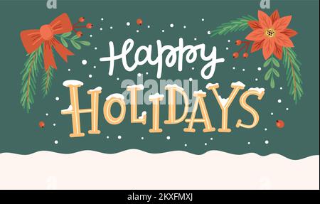 Frohe Feiertage, Grußkarte mit süßen Ästen und handgezeichneten Buchstaben. Vektordarstellung im flachen Cartoon-Stil Stock Vektor