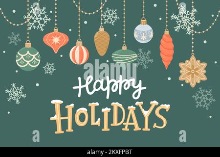 Frohe Feiertage, Grußkarte mit niedlichen Dekorationen und handgezeichneten Buchstaben. Vektordarstellung im flachen Cartoon-Stil Stock Vektor