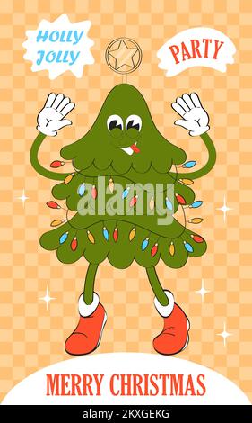 Neujahrsbaum im Retro-Look, Maskottchen-Charakter im Retro-Look. Frohe Weihnachten und frohes neues Jahr Stock Vektor
