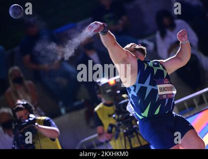 Konrad Bukowiecki aus Polen tritt bei der IAAF World Challenge Zagreb 2020 - 70 im Men's Shot Put an. Boris Hanzekovic Memorial im Universitätspark am 14. September 2020 in Zagreb, Kroatien. Foto: Marko Prpic/PIXSELL Stockfoto