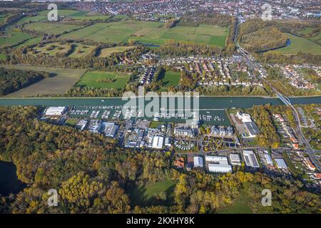 Luftaufnahme, Marina Rünthe Yachthafen in Bergkamen, Ruhrgebiet, Nordrhein-Westfalen, Deutschland, Bergkamen, Binnenschifffahrt, DE, Datteln-Hamm-Kanal Stockfoto