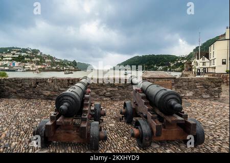 DARTMOUTH, DEVON - 06. JUNI 2009: 19c Marinekanonen in Bayard's Cove mit Blick auf den Hafen Stockfoto