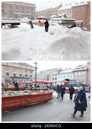 Das Kombinationsbild zeigt am 14. Januar 2013 in zagreb, Kroatien, den mit Schnee bedeckten Markt Dolac. Und der Markt heute ohne Schnee in Zagreb, Kroatien, am 14,2021. Januar. 2013 wurden 68 cm auf Maksimir (höchste Messung seit Beginn der Messungen im Jahr 1949) und 57 cm auf Gric gemessen. Foto: Patrik Macek/PIXSELL Stockfoto