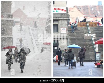 Das Kombinationsbild zeigt am 14. Januar 2013 in zagreb, Kroatien, den mit Schnee bedeckten Markt Dolac. Und der Markt heute ohne Schnee in Zagreb, Kroatien, am 14,2021. Januar. 2013 wurden 68 cm auf Maksimir (höchste Messung seit Beginn der Messungen im Jahr 1949) und 57 cm auf Gric gemessen. Foto: Patrik Macek/PIXSELL Stockfoto