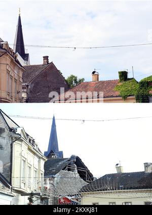Das Kombinationsbild zeigt eine Kirche des Heiligen Kreuzes am 1. April 2020 und ein Foto, das nach dem Erdbeben am 13. Januar 2021 in Petrinja, Kroatien, aufgenommen wurde. Das 6,4-starke Erdbeben, das Kroatien am 29. Dezember 2020 heimsuchte, ereignete sich 10 km unter der Erde, 50 km südöstlich von Zagreb. Foto: Nikola Cutuk/PIXSELL Stockfoto