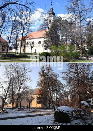 Das Kombinationsbild zeigt eine Kirche von St. Lawrence am 1. April 2020 und Foto nach dem Erdbeben am 13. Januar 2021 in Petrinja, Kroatien. Das 6,4-starke Erdbeben, das Kroatien am 29. Dezember 2020 heimsuchte, ereignete sich 10 km unter der Erde, 50 km südöstlich von Zagreb. Foto: Nikola Cutuk/PIXSELL und Zeljko Lukunic/PIXSELL Stockfoto