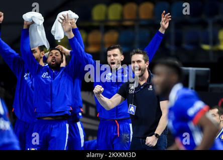 KAIRO, ÄGYPTEN - JANUAR 20: Französischer Cheftrainer Guillaume Gille während des 27.. IHF Männer-Weltmeisterschaftsspiels der Gruppe III zwischen Frankreich und Algerien im Dr. Hassan Moustafa Hallensportkomplex, 6.. Oktober am 20. Januar 2021 in Kairo, Ägypten. Foto: Slavko Midzor/PIXSELL Stockfoto