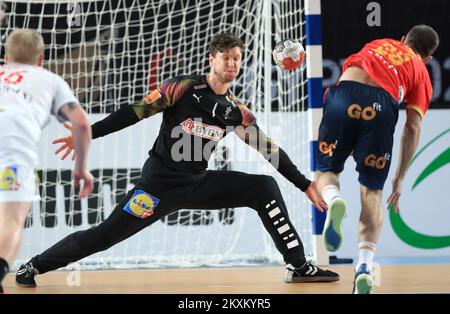 KAIRO, ÄGYPTEN - JANUAR 29: Torwart Niklas Landin Jacobsen von Dänemark während des Halbfinalspiels der IHF-Weltmeisterschaft der Männer 27. zwischen Spanien und Dänemark in der Kairo Stadion Sports Hall in Kairo, Ägypten am 29. Januar 2021. Foto: Slavko Midzor/PIXSELL Stockfoto