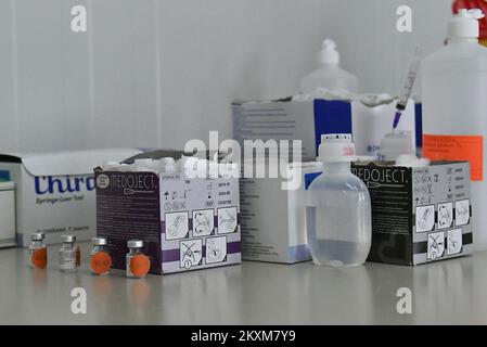 Die Coronavirus-Impfung begann, nachdem Serbien Pfizer / BioNTech-Impfstoffe an Nordmazedonien gespendet hatte. In Skopje, Nordmazedonien am 17. Februar 2021. Foto: Str-1234/HaloPix/PIXSELL Stockfoto