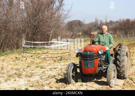 Der pensionierte Polizist Velimir Coso wird am 26. Februar 2021 fotografiert, indem er das Land mit einem Traktor neben einem Loch kultiviert, das er auf seinem Feld im Dorf Islam Grcki bei Benkovac in Zadar County, Kroatien, gebaut hat. Foto: Marko Dimic/PIXSELL Stockfoto