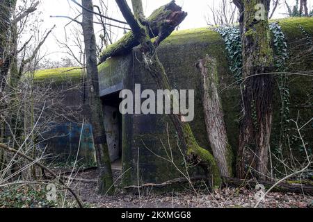 Das Foto wurde am 25. Januar 2021 aufgenommen und zeigt einen der größten verbleibenden deutschen Bunker aus den WW2 Jahren in Zagreb, Kroatien. Im Wald neben kleinen Seen in der Crnomerec in Zagreb befindet sich einer der größten verbliebenen deutschen Bunker aus dem Zweiten Weltkrieg in Kroatien. Es handelt sich um einen Dachbunker der Flugzeugabwehr Regelbau B aus Beton und Stahl, der Teil eines Komplexes aus fünf Bunkern in der Nähe des ehemaligen Hauptquartiers der 7. SS Division Prinz Eugen war. Nach der Zerstörung des Komplexes im Jahr 1945 während des Rückzugs der deutschen Armee blieben zwei Bunker sichtbar und sind seitdem in Vergessenheit geraten. Stockfoto